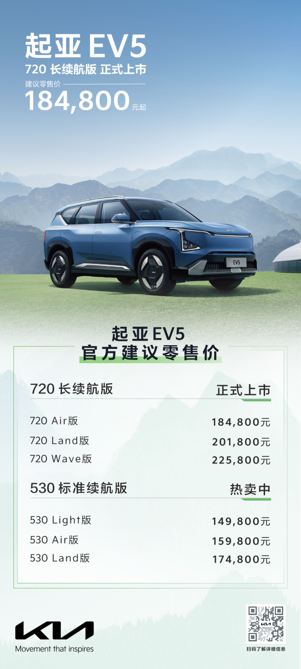 推3款车型起亚EV5长续航版上市售价18.48-22.58万元