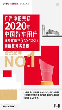说明: 广汽本田斩获2020年CACSI合资品牌第一名